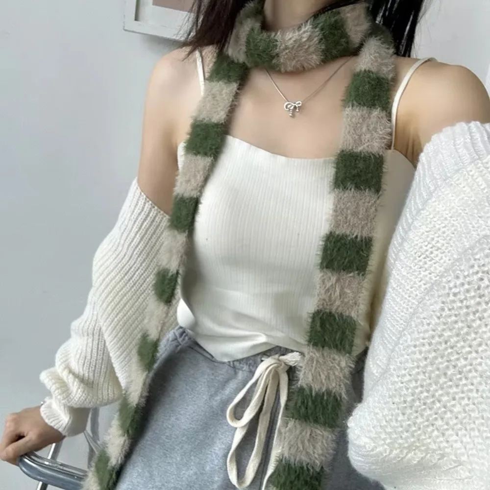 Clothing Accessories Y2 Striped Scarf Knitted Wool Soft Sausage Thin Scarf Warm Plush Long Narrow Scarves Women Men