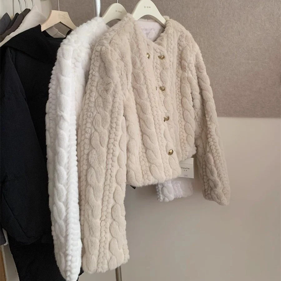 خريف شتاء 2026 جديد المنك المخملية الفراء الفراء سترة المرأة معطف الجولة الرقبة مزدوجة الصدر قصيرة فضفاضة الدافئة الفراء سترة القمم