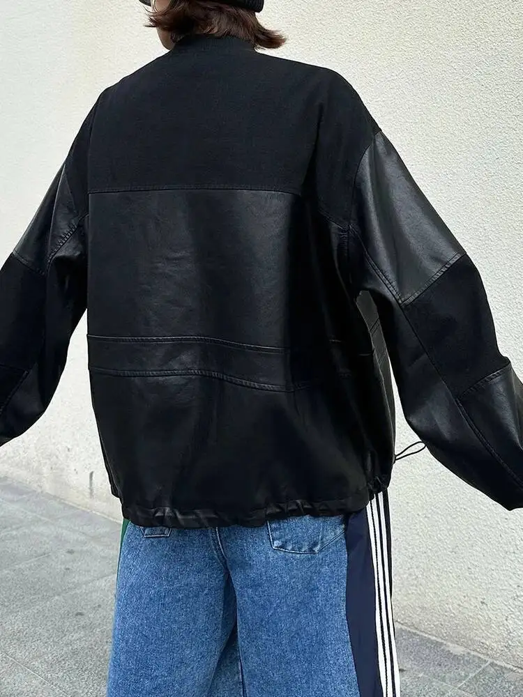 سترة سوداء برباط كبيرة الحجم من جلد البولي يوريثان سترة جديدة بياقة واقفة وأكمام طويلة معطف نسائي موضة المد ربيع الخريف