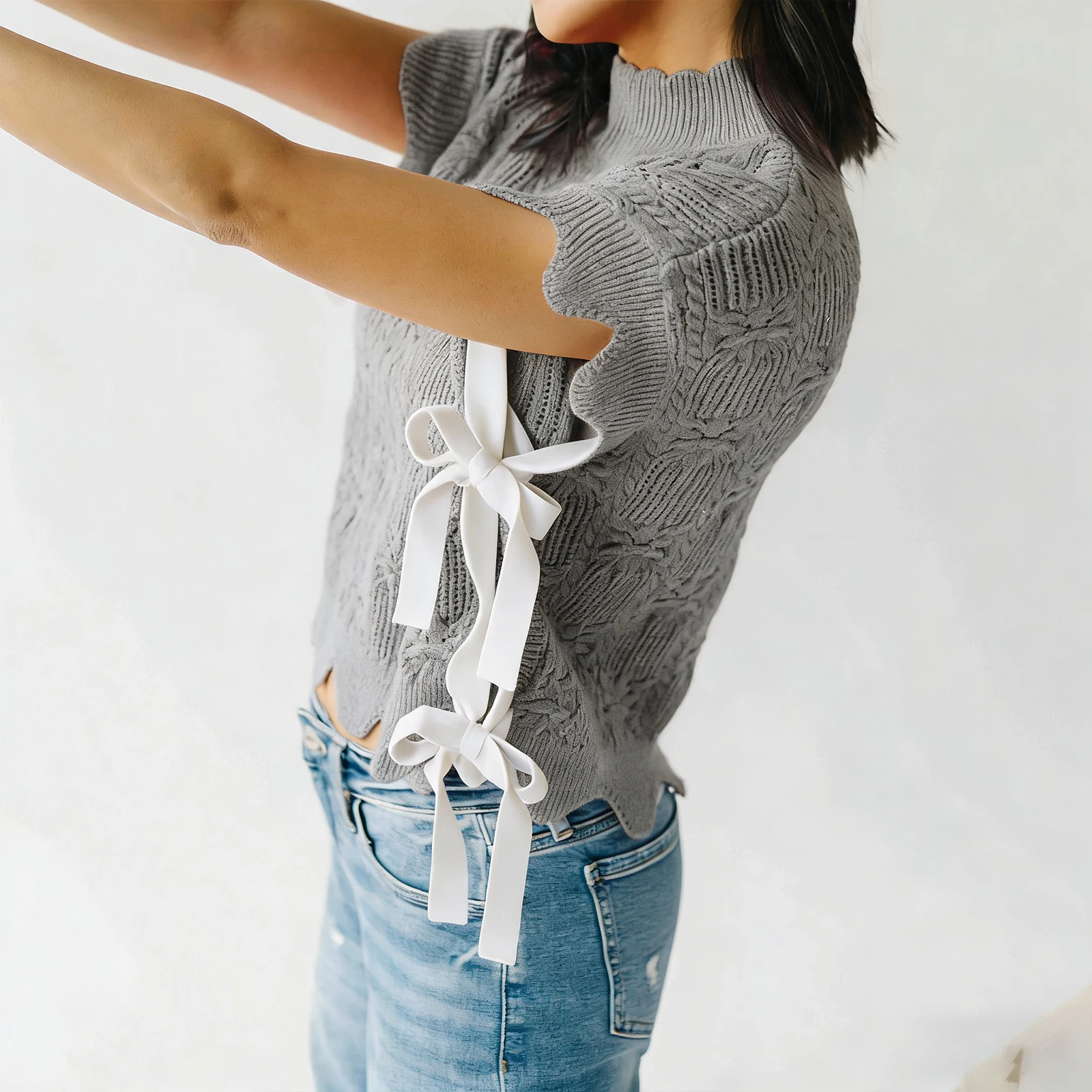 Damen-Strickweste mit kurzen Ärmeln und Spitze, ärmelloser Rollkragenpullover zum Binden, einfarbig, lockerer Herbstpullover für den Alltag