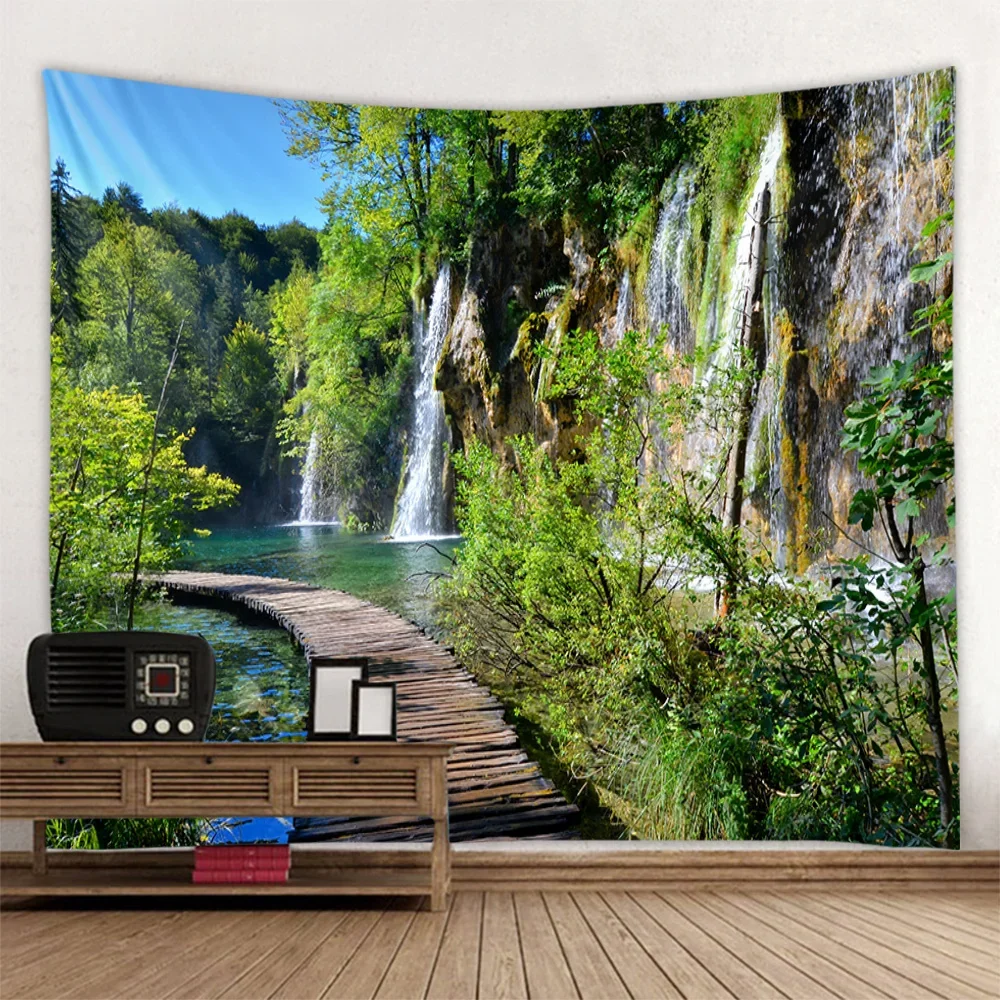 Natural landscape large tapestry wall hanging waterfall forest wooden bridge Bohemian room art decoration blanket hanging cloth