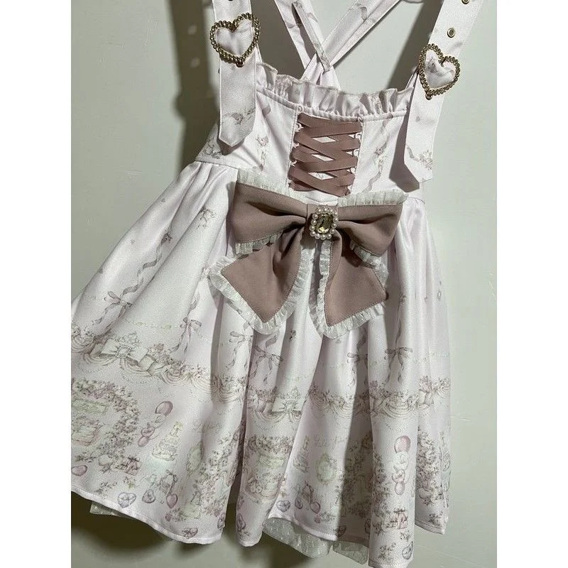 Bow Strap Skirt Dresses Y2K Love Japan Landmine Dire Ribbon Bow Diamond Studded Buckle Detachable Printed Strap Skirt Dresses