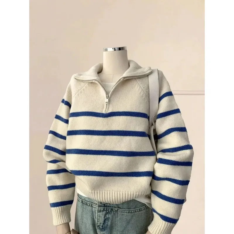 Fashion White Striped Half Zipper Polo Collar Sweater Women Tops Winter Loose Casual Knitted Pullovers Women Clothing