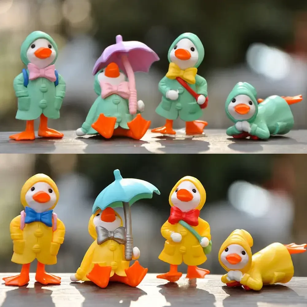 4pcs/set Umbrella Raincoat Cute Cartoon Duck miniature Figurine Ornaments Yellow Ducklings Figurine for Miniature Garden Decor