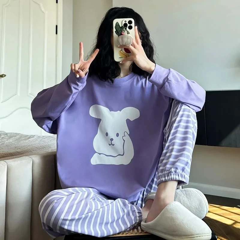 Plus Size 5XL 150KG Autumn Pajamas Set Women Cartoon Sleepwear O Neck Long Sleeve Women Nightwear Pajamas Set