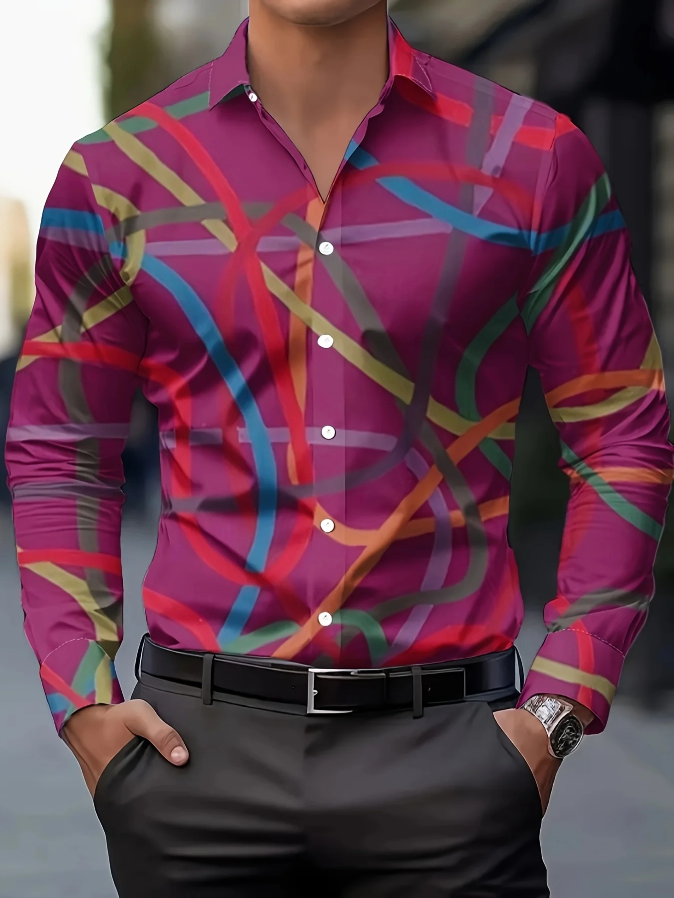 Men's long-sleeved shirts with bold abstract prints - bright colour-block designs, versatile fashion