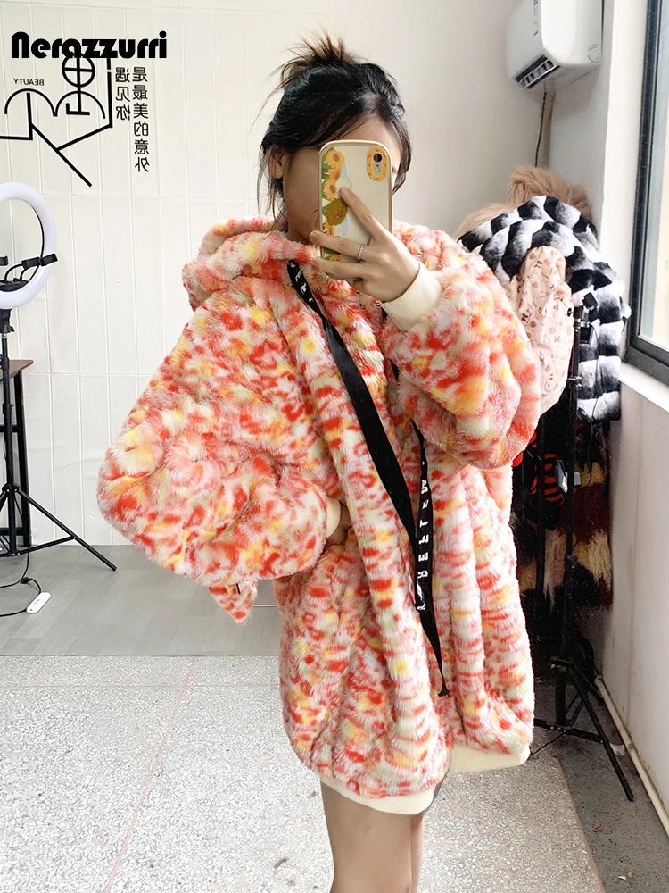 Nerazzurri Winter Oversized Colorful Thick Warm Soft Faux Fur Hoodie with Bunny Ears Zipper Sweet Kawaii Cute Fluffy Jacket 2023