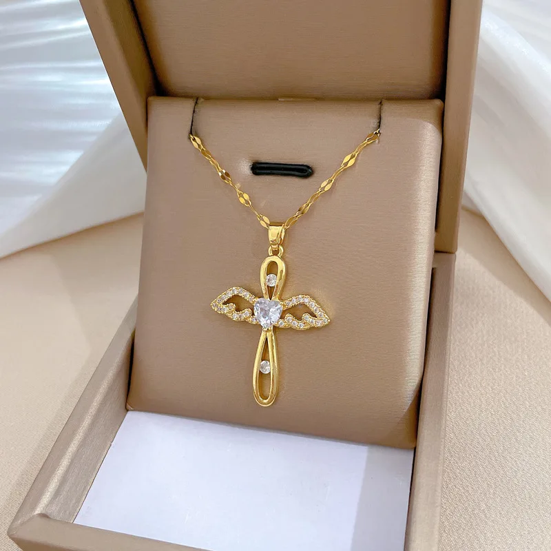 Luxury Zircon Angel Wing Cross Pendant Choker Necklace for Women Men Stainless Steel Chain Jewelry Accessories Gifts for Friends
