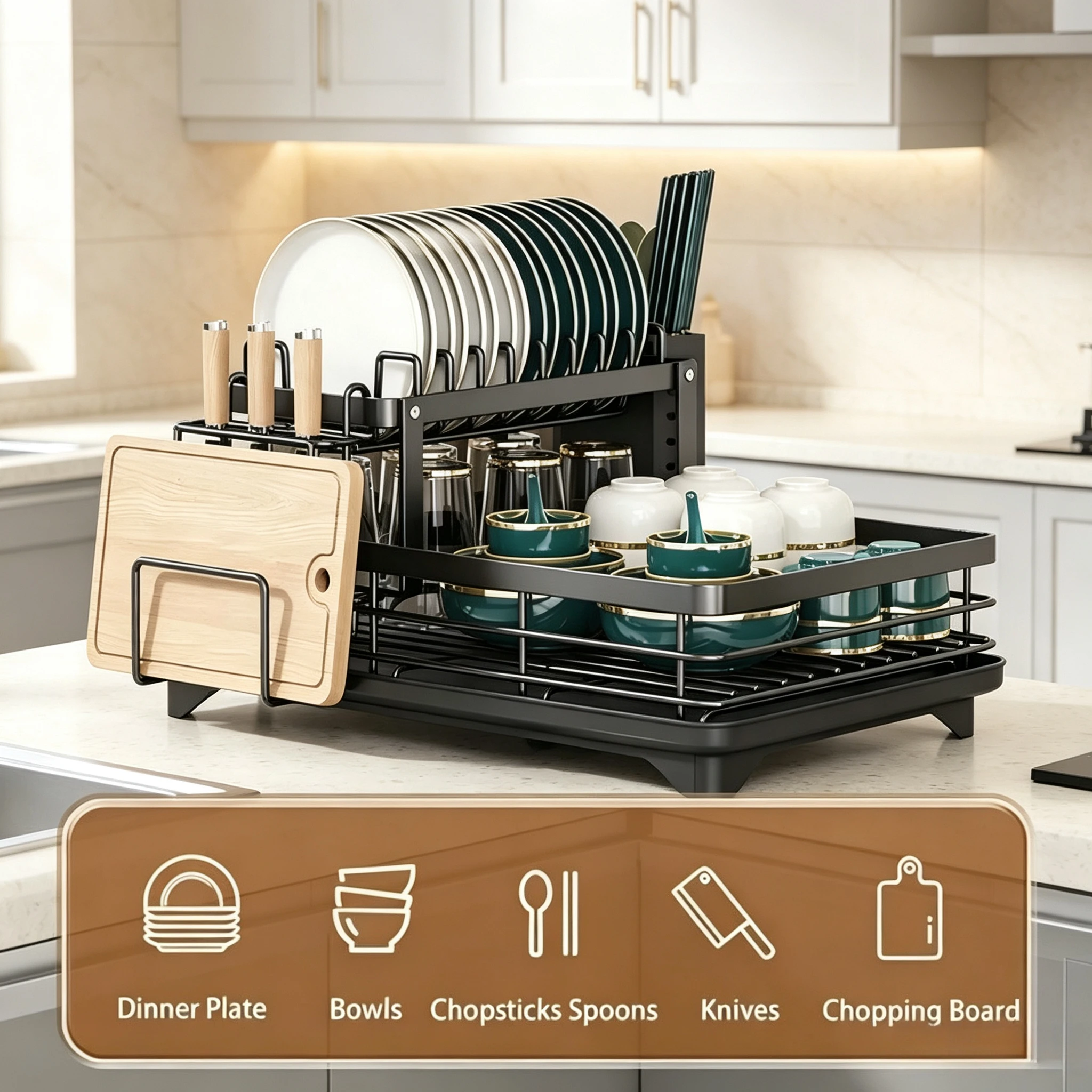 2 Tier Stainless Steel Dish Drying Rack with Drainboard, Large Rustproof Kitchen Counter Drainer for Bowls, Pans & Utensils, Detachable Water Drip Tray