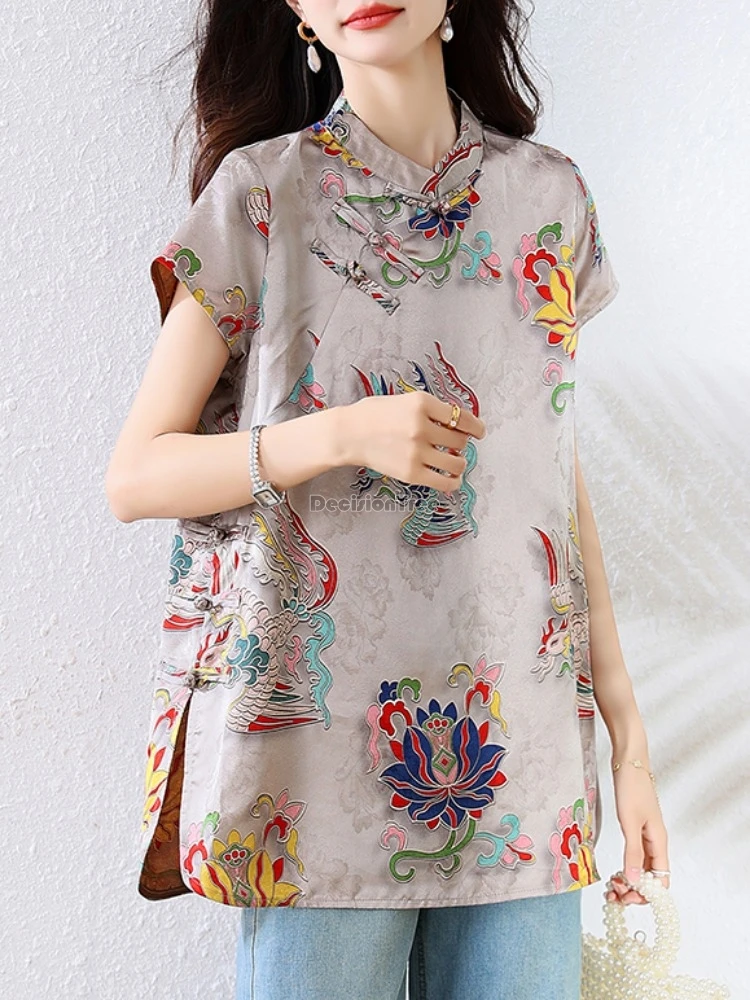 

2025 новая китайская свободная стильная женская рубашка с короткими рукавами и воротником-стойкой с принтом, улучшенный модный топ Cheongsam в стиле ретро, летний t001