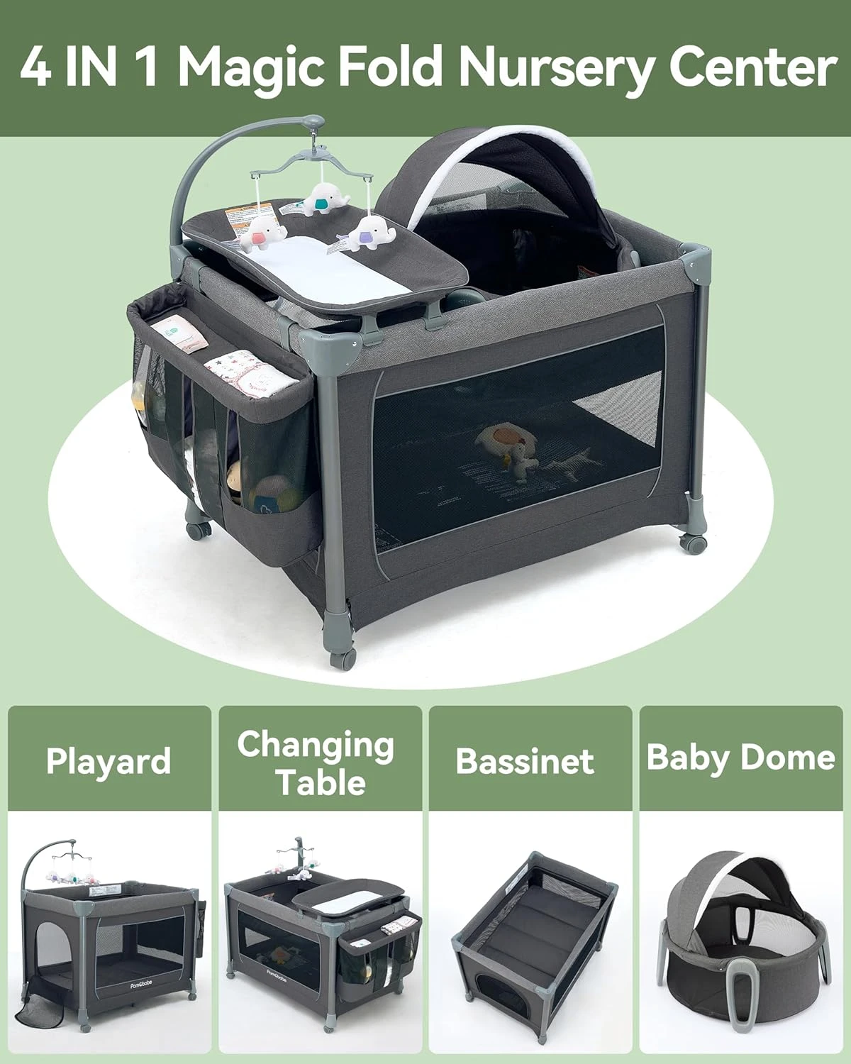 Magic Fold Portable Baby Playard with Zipper Gate, Foldable Baby Yard with Changing Table, Detachable Baby Bassinet