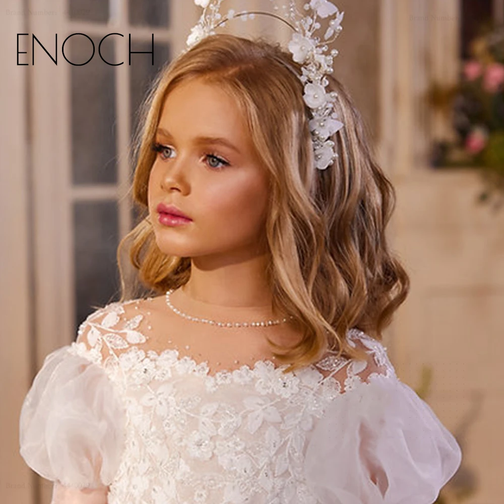 Enoch White Empire Short Flower Girl Jurken Met Strik Applique Chiffon Zomer Sweep Train Kant Trouwjurken Gewaden Nieuw