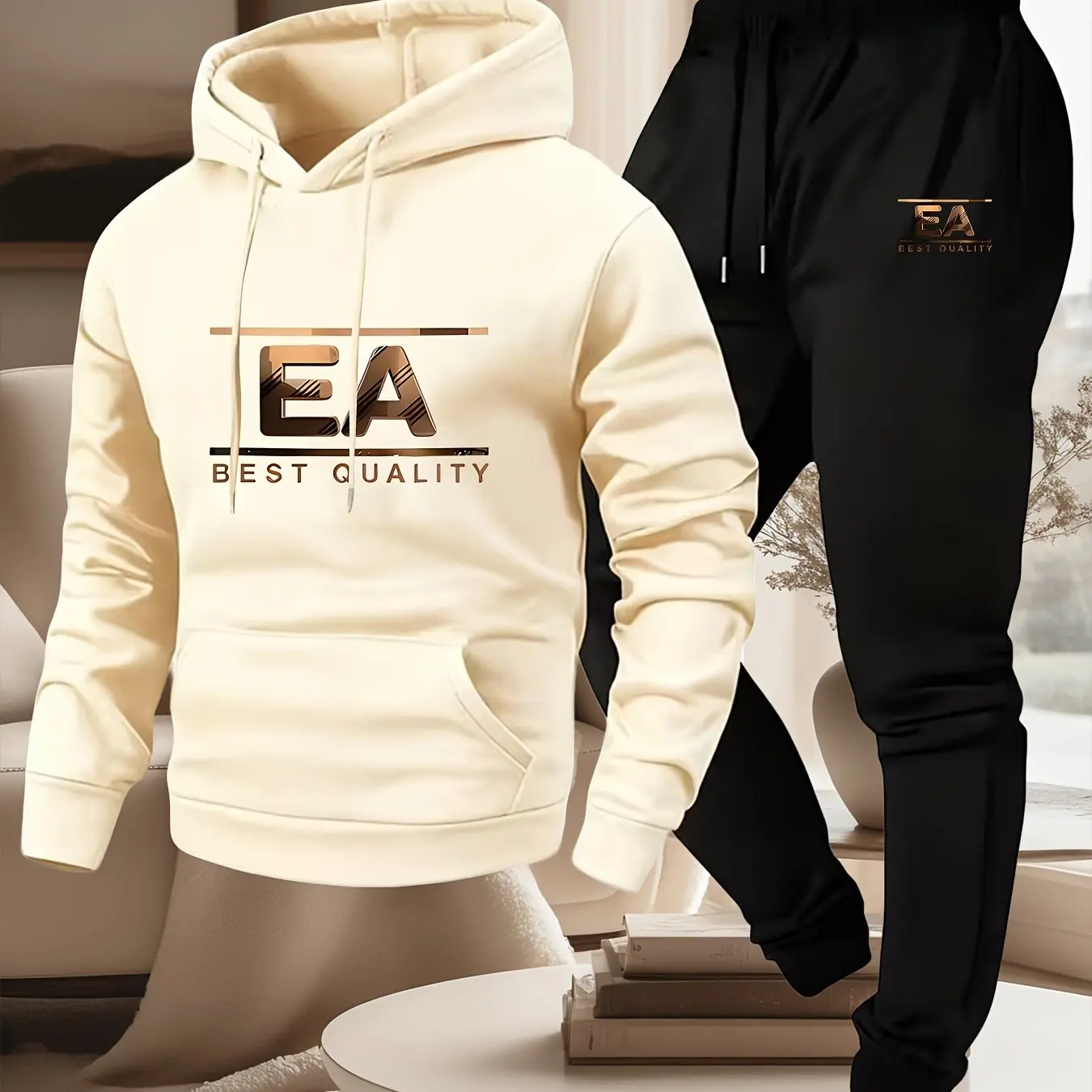 mens outfits  print hooded sweatshirt and sweatpants soft and comfortable thin velvet warm sweatpants set autumn and winter view 2