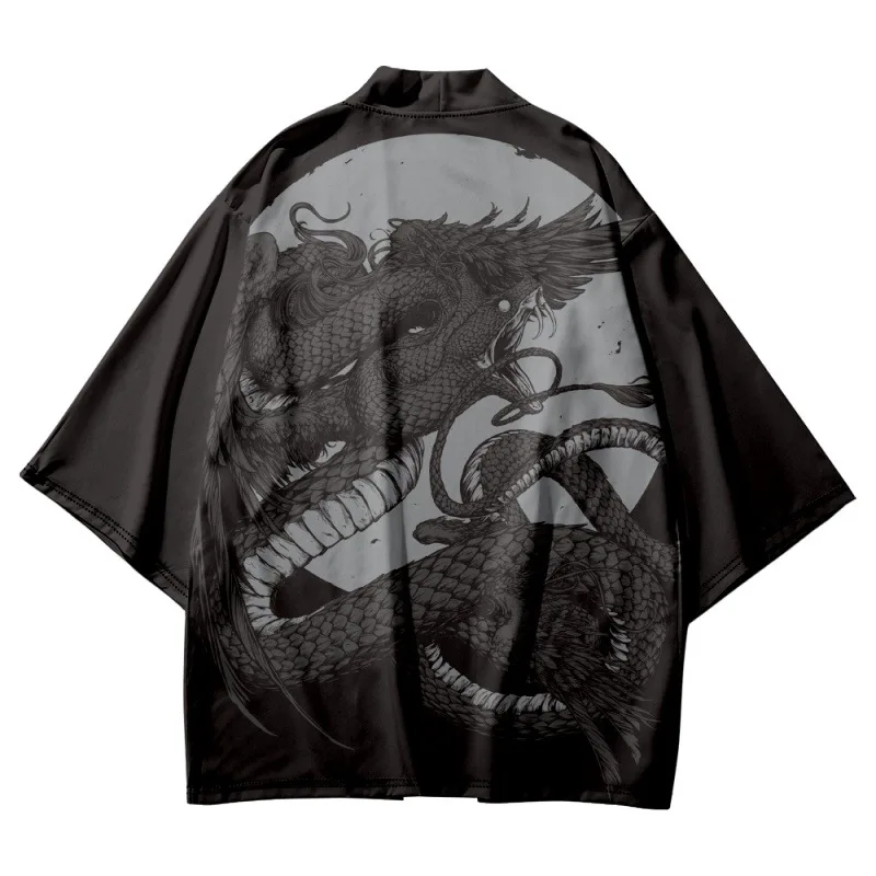 

Harakuju Samurai Black Snake Print Kimonos And Shorts Costume Haori Yukata Japanese Kimono Cardigan Men Shirt Asian Streetwear