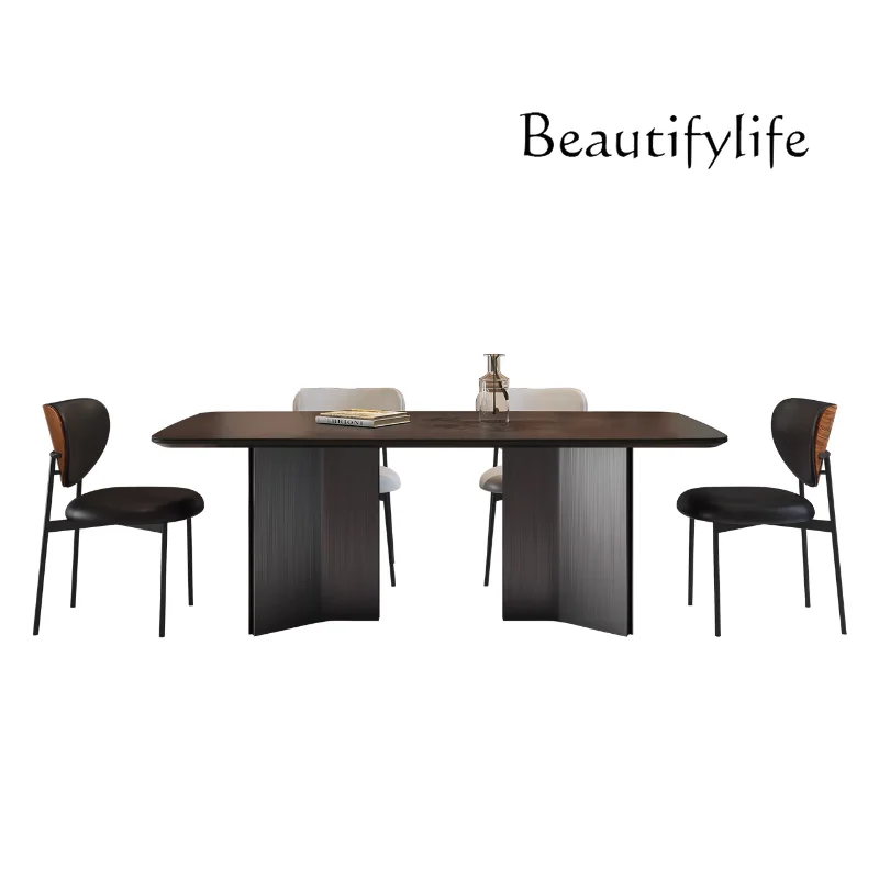 Italian simple black rock slab dining table and chair combination rectangular retro wabi family dining table