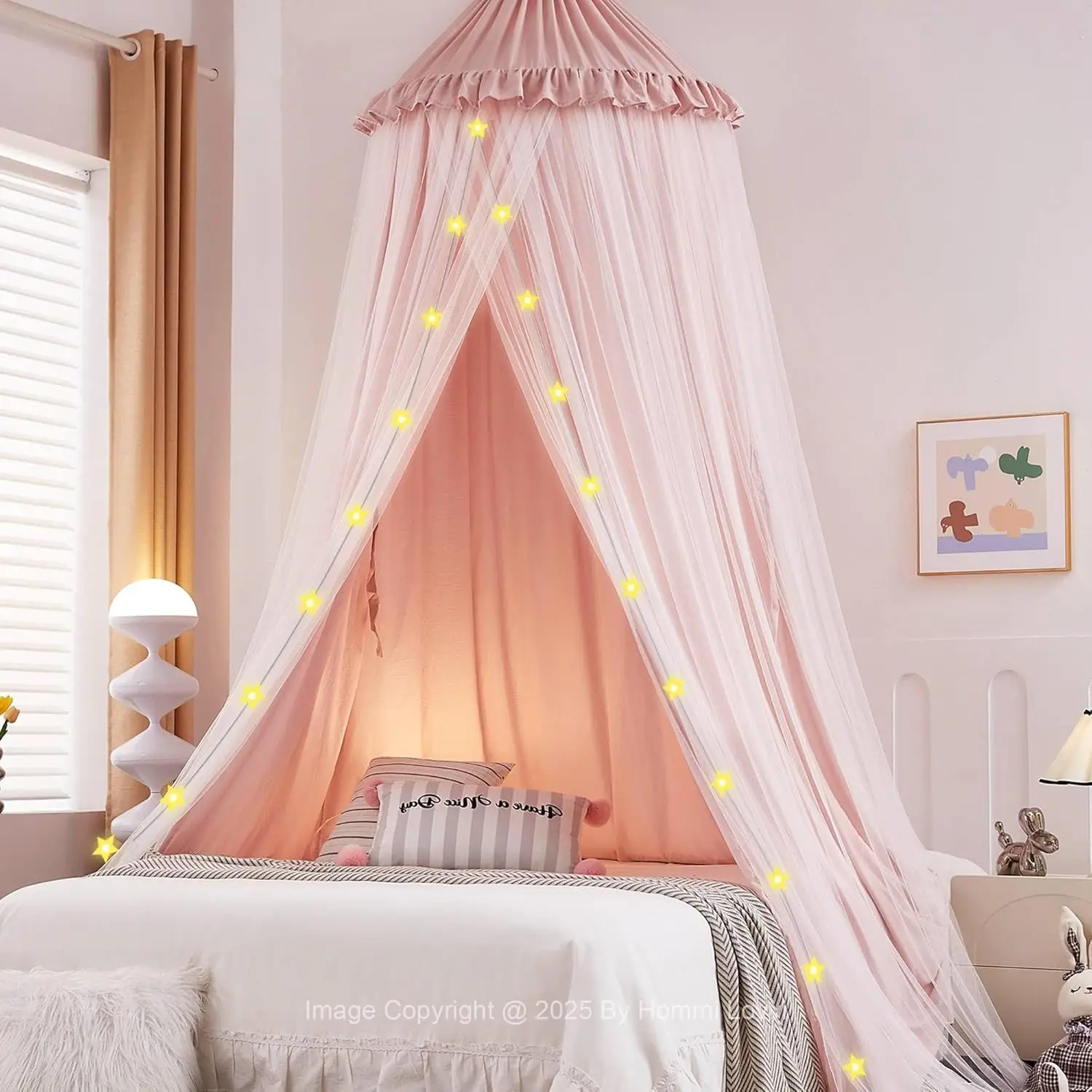 

Pink Double Layer Bed Canopy with Star Lights, Princess Dome Tent for Girls, Mosquito Net, Machine Washable