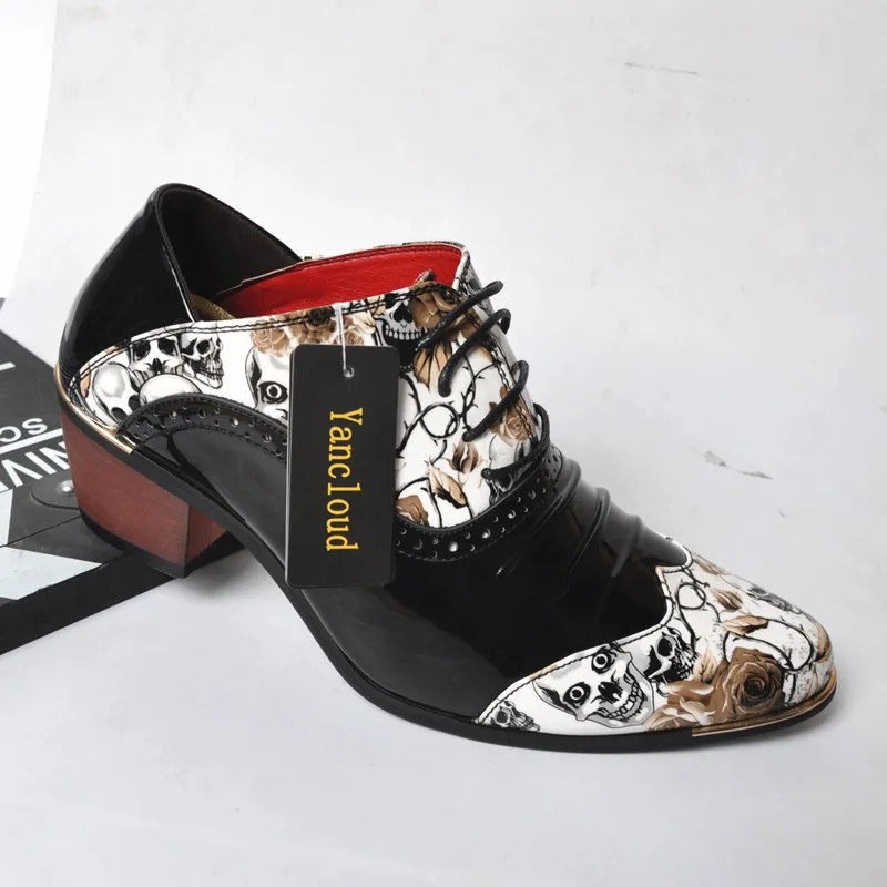 Mens Floral  Patent Leather Pointed Toe Dress Shoes 2022 Skull Pleated Oxford Shoes for Men White  Height Increase Wedding Shoes