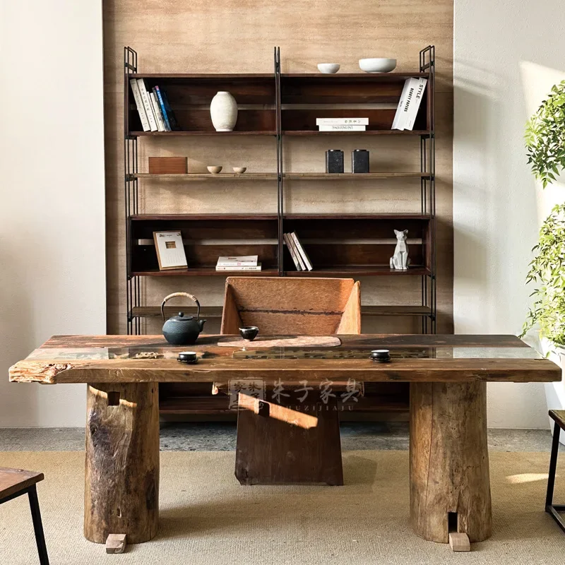 Solid wood bookshelf wrought iron storage rack Elm multi-layer display rack Simple floor rack