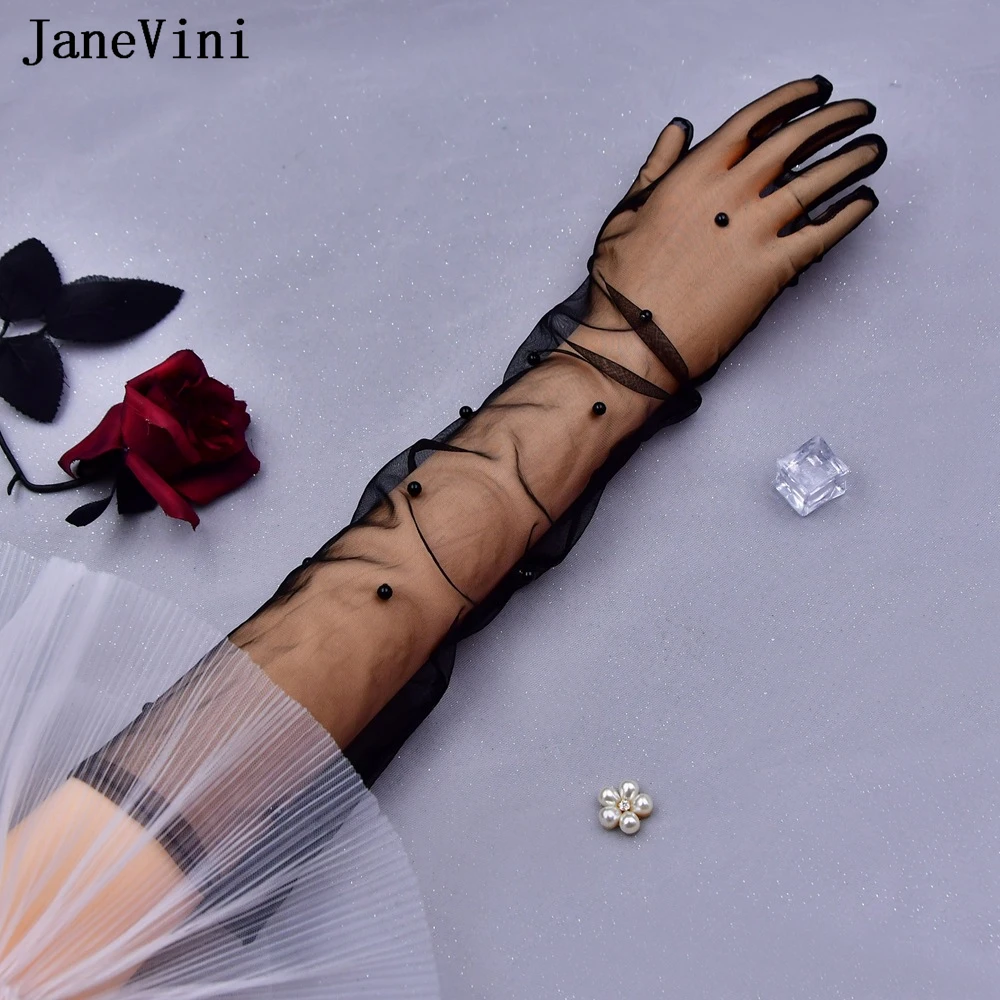 JaneVini Vintage Black Tulle Wedding Gloves Pearls Long 55cm Transparent Elegant Women Evening Bridal Gloves Rekawiczki Tiulowe