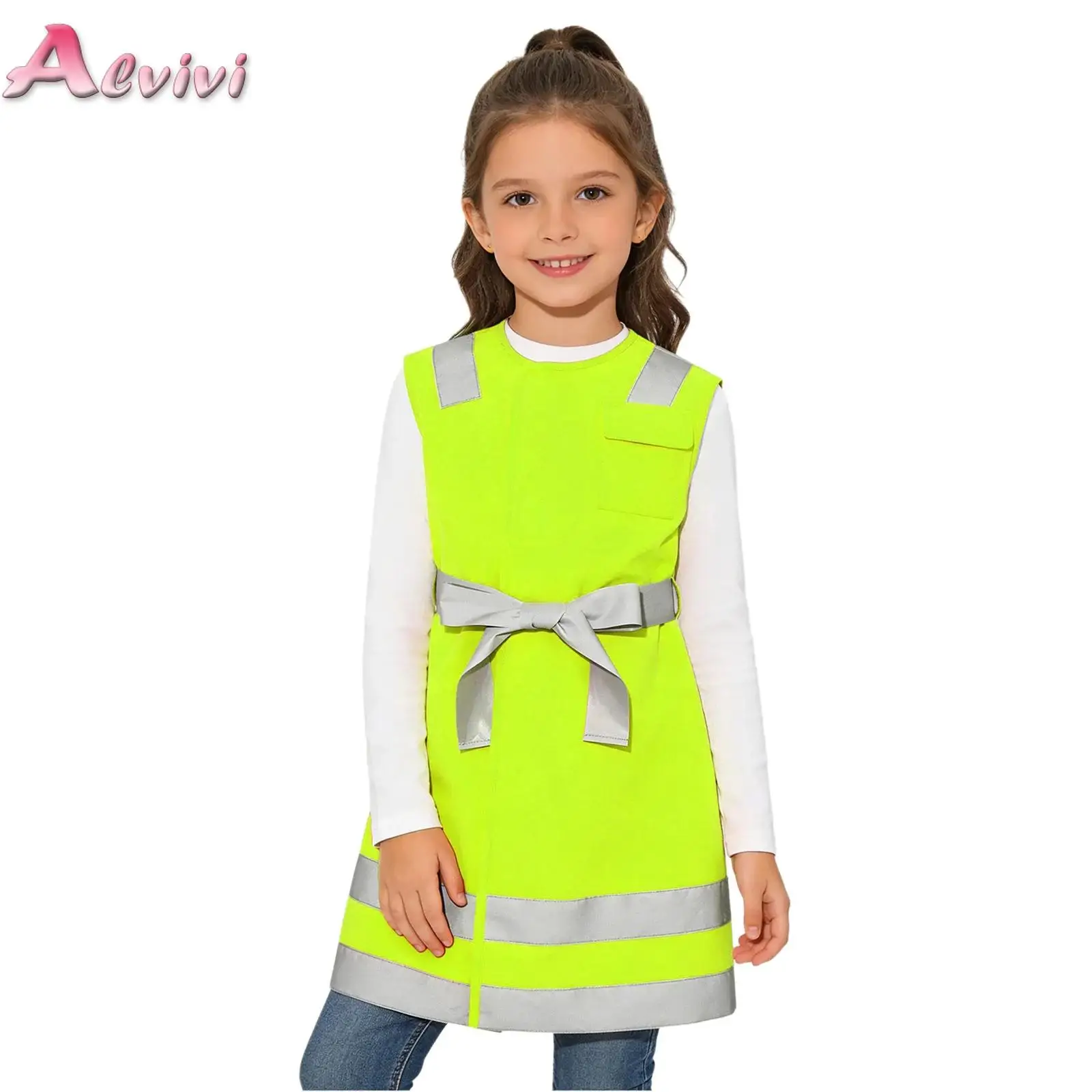 

Kids Girls Boys Safety Vest High Visibility Strips Hook-and-loop Fastener Long Vest with Belt for Cycling Outdoor Activities