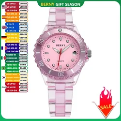 Reloj de cuarzo BERNY, reloj de pulsera de cuarzo a la moda para niñas, relojes impermeables 3ATM para mujer, cristal translúcido rosa melocotón