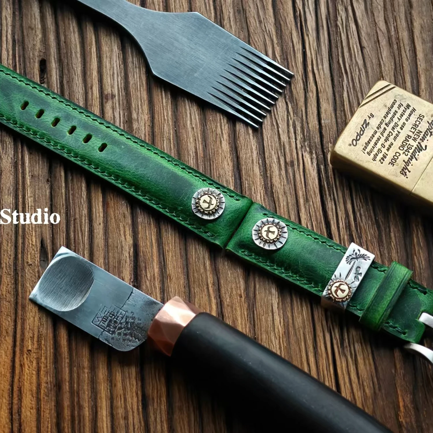 HANDMADE CUSTOM KUDU SHEEP SKIN VINTAGE GREEN AMERICAN STYLE PADDED PIN BUCKLE LENGTHENED WATCH STRAP