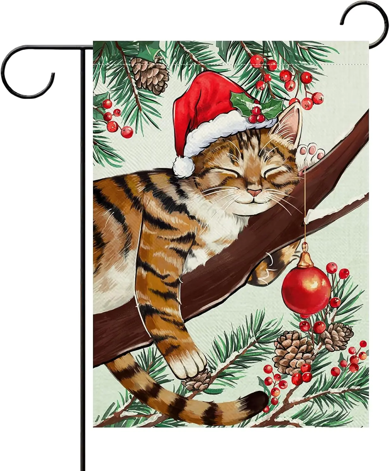 Christmas Sleeping Tabby Cat Decorative Garden Flag, Xmas Pine Branch Red Berry Yard Outside Home Decor Pet Owner Lover Gift ZZA