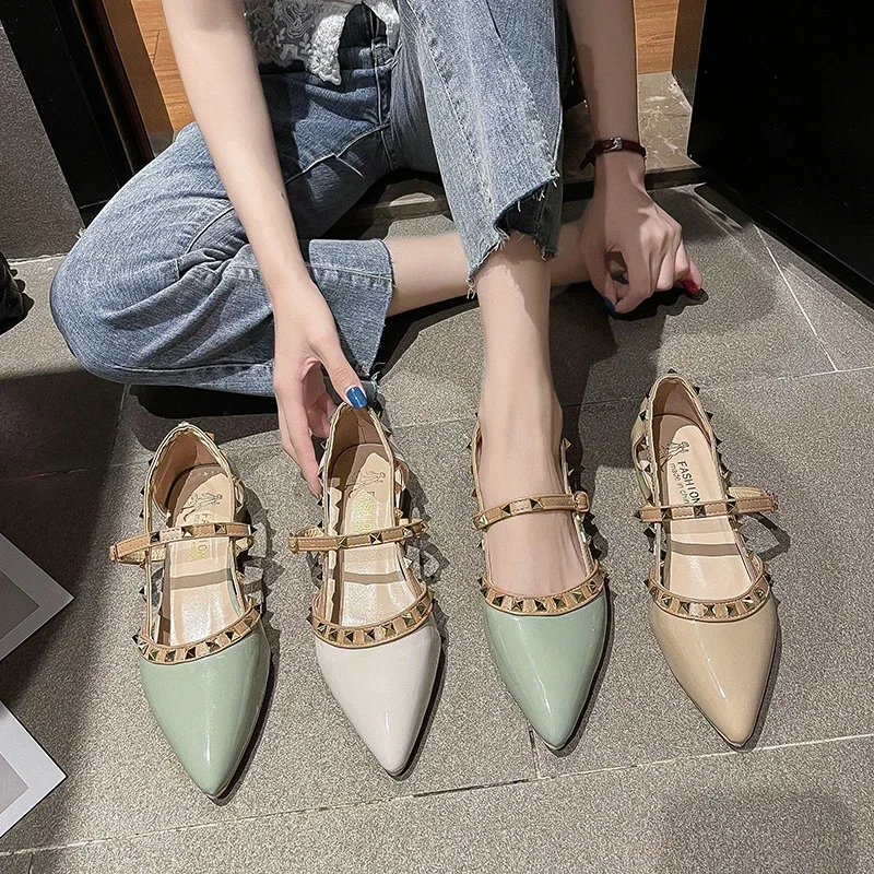 

Fashion Women's Flat Shoes Pointed Toe Studs One-line Buckle Shoes Women Leisure Dress Spring Summer Autumn Zapatillas De Mujer