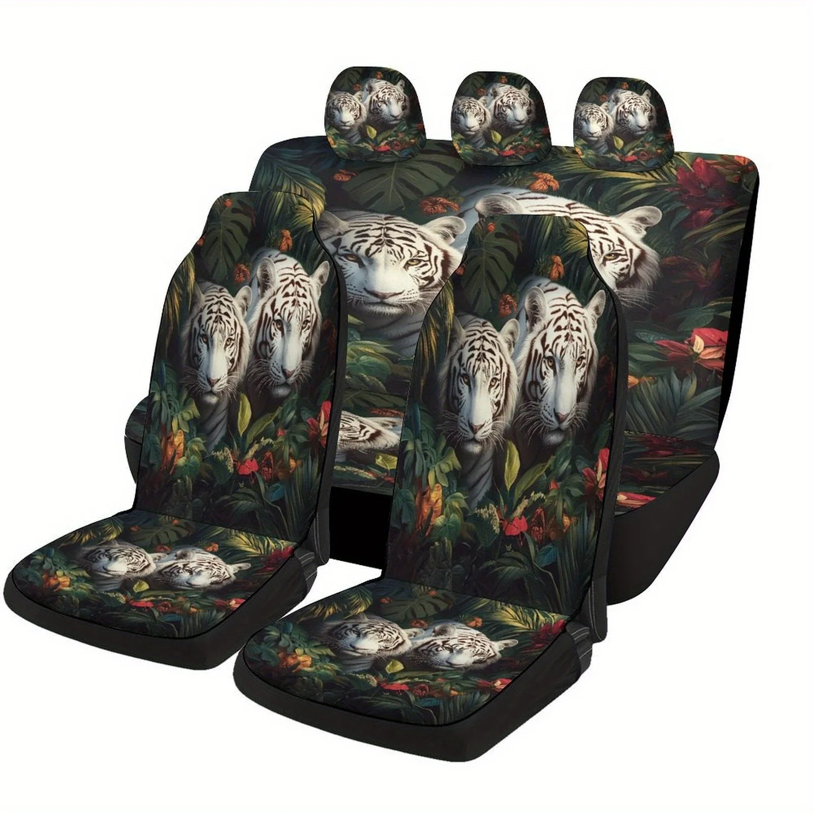 

White Tigers In Jungle Designed Car Seat Cover Set For Most Cars, Trendy High-quality Car Seat Protector Covers Full Set, Univer