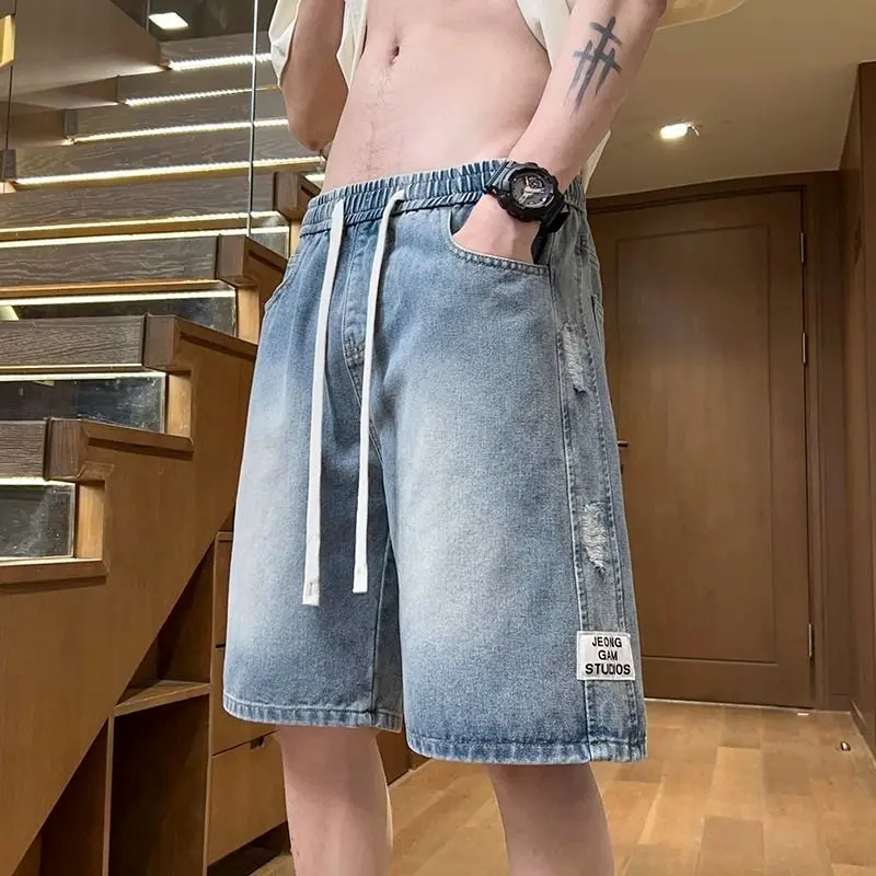 Summer Thin Hong Kong-style Ripped Denim Shorts Men's Mid-length Pants Casual High Street Trendy Loose Workwear Short Pants