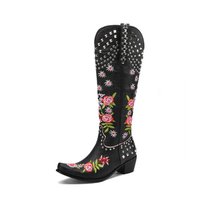 Women's Ethnic Embroidery Flower Western Cowboy Cowgirl Boots Kneehighs Boots Cowgirl High Heels Pointed Toe Vintage Style image 4