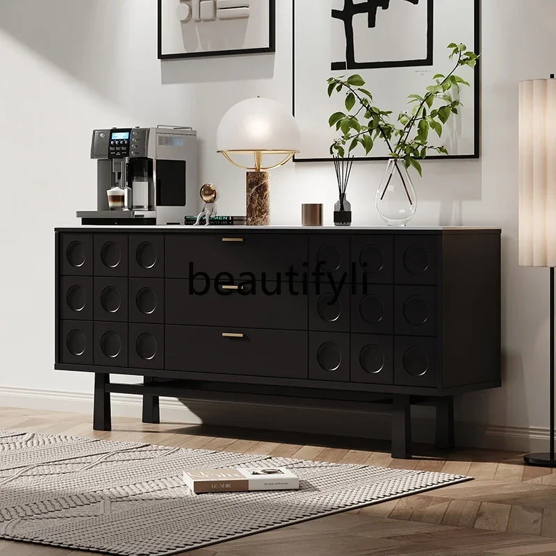 XZ1 خزانة جانبية لتناول الطعام من الخشب الصلب، خزانة بلاطة صخرية فاخرة إيطالية خفيفة، خزانة تخزين مزخرفة عتيقة متوسطة #3