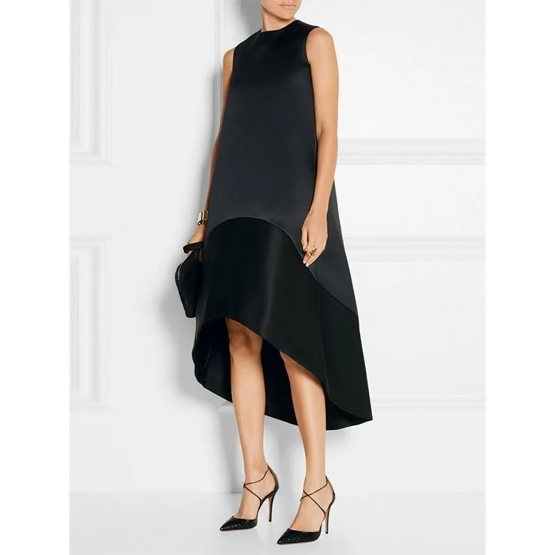 فستان صيفي أسود غير منتظم للنساء 2025 لربيع وصيف رقبة مستديرة بدون أكمام على شكل حرف a فساتين طويلة أنيقة للحفلات 176961