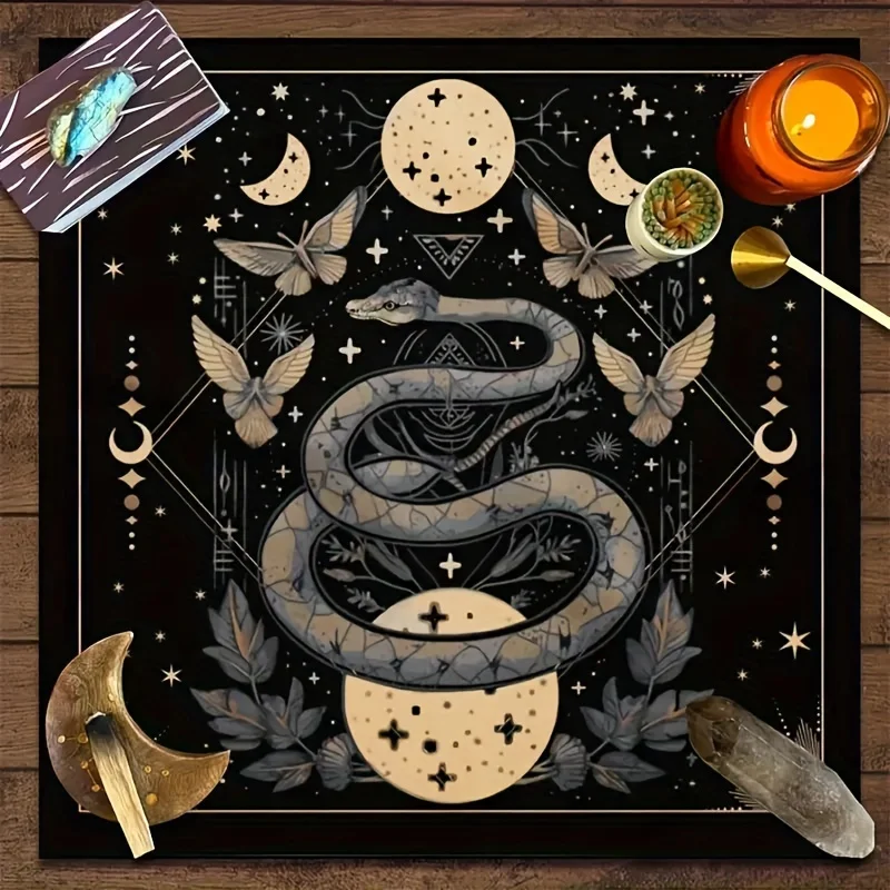 1pc Tarot Card Tablecloth, Serpent & Butterfly Moon Phases Pattern, Square Altar Cloth, Mystical Divination Mat for Room