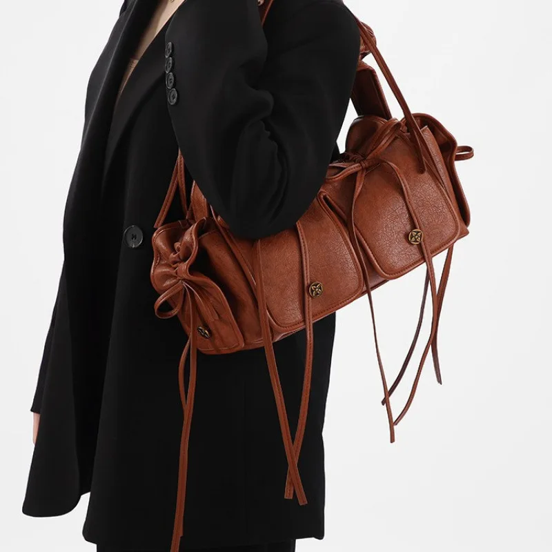 

Retro Women's Pleated Motorcycle Tote Bag New Fashion Distressed PU Leather Multi-Pocket Pleated Drawstring Bow Armpit Bag