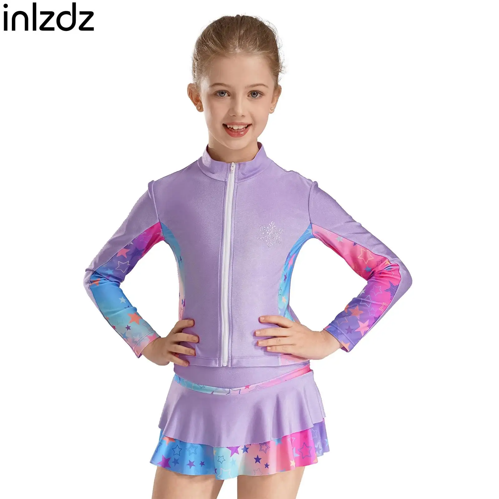 

Kids Girls Figure Skating Jacket and Skater Skirt Set Sparkly Rhinestone Roller Ice Skating Costumes Golf Tennis Skort Set