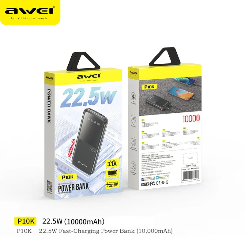 Awei P10K 3 in 1Portable Power Bank 10000mAh With 2USB &1 Type C Outputs 22.5W Fast charge External Powerbank Spare Battery