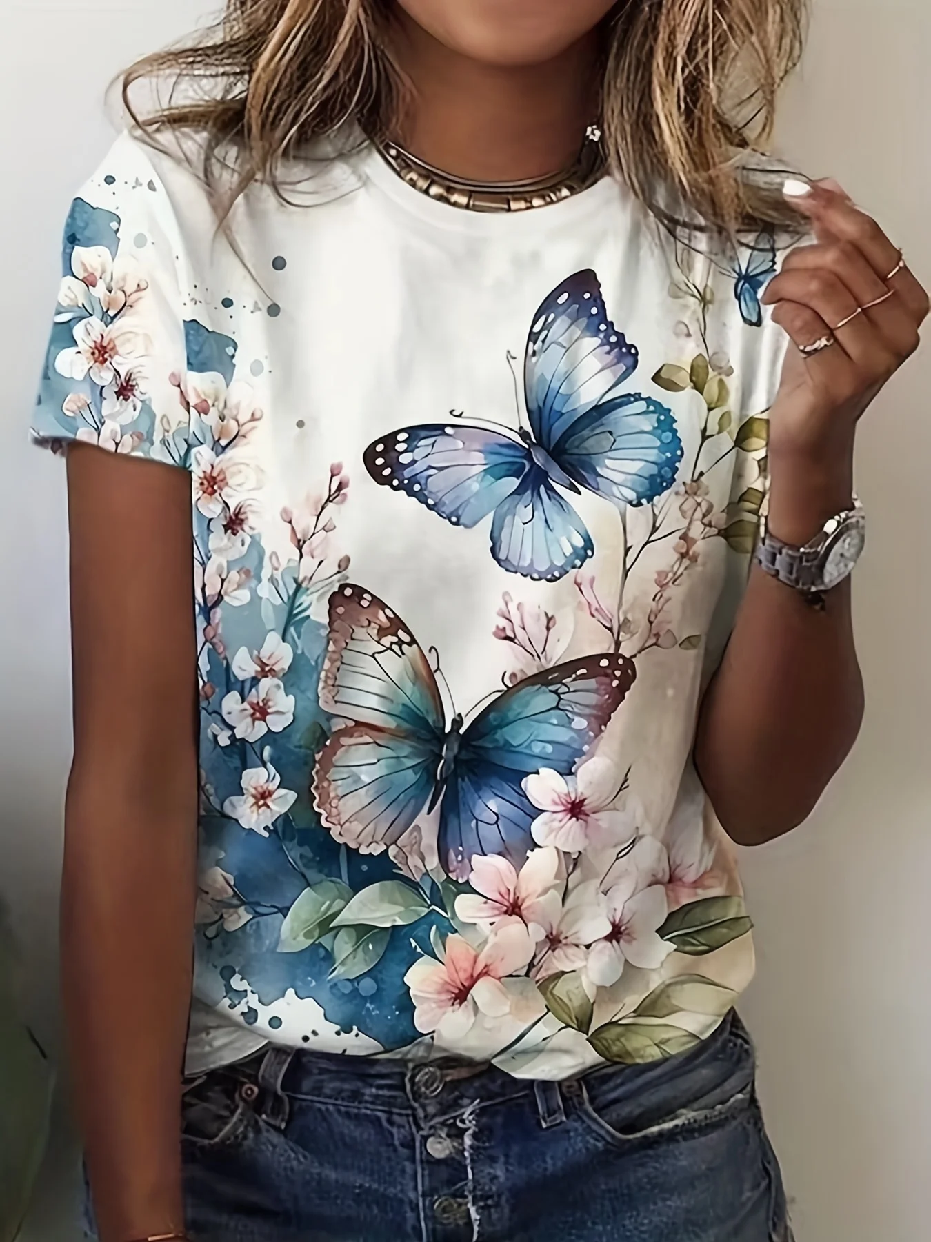 

Женская футболка с 3D цифровым принтом, акварельная синяя бабочка и цветочный узор, повседневный топ с круглым вырезом и короткими рукавами