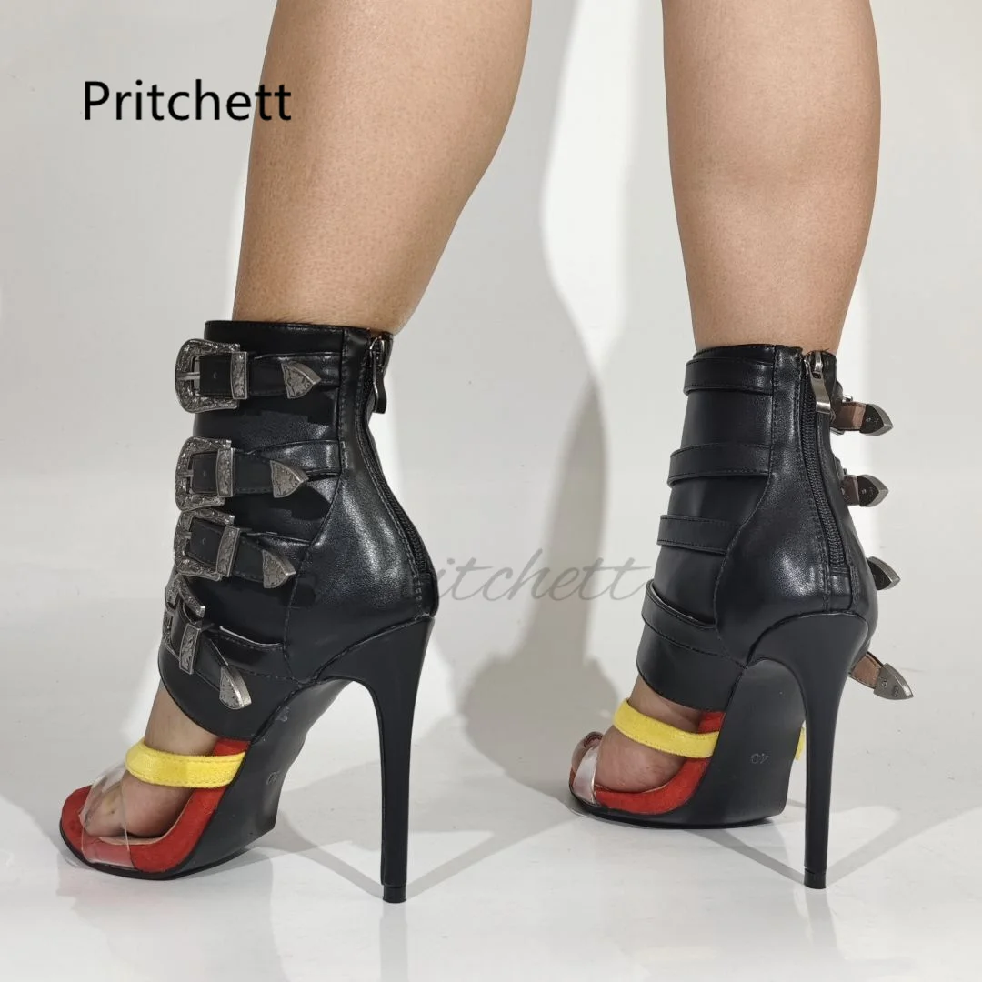 Metal Buckle Clip Toe Summer Boots Women High Heels Open Toe Flip Flop Stiletto Heel Back Zipper Mixed Colors Ladies Sandals