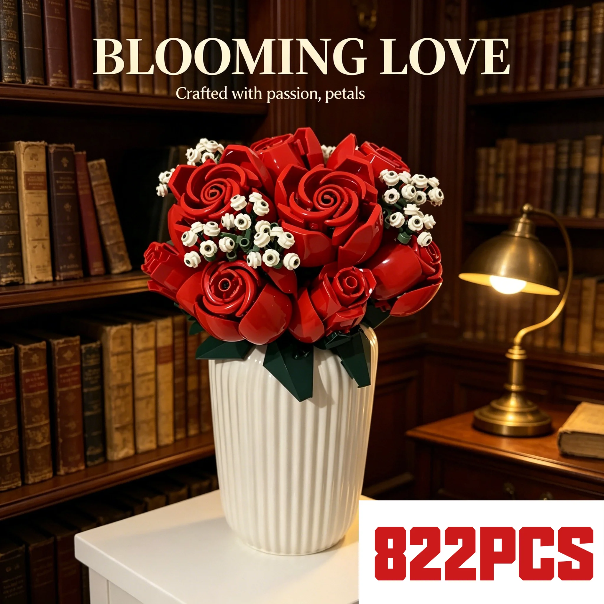 Bouquet de roses rouges romantiques en blocs de construction, 822 pièces, fleurs artificielles, cadeau pour femme, décoration de la maison, décoration de bureau, cadeau d'anniversaire