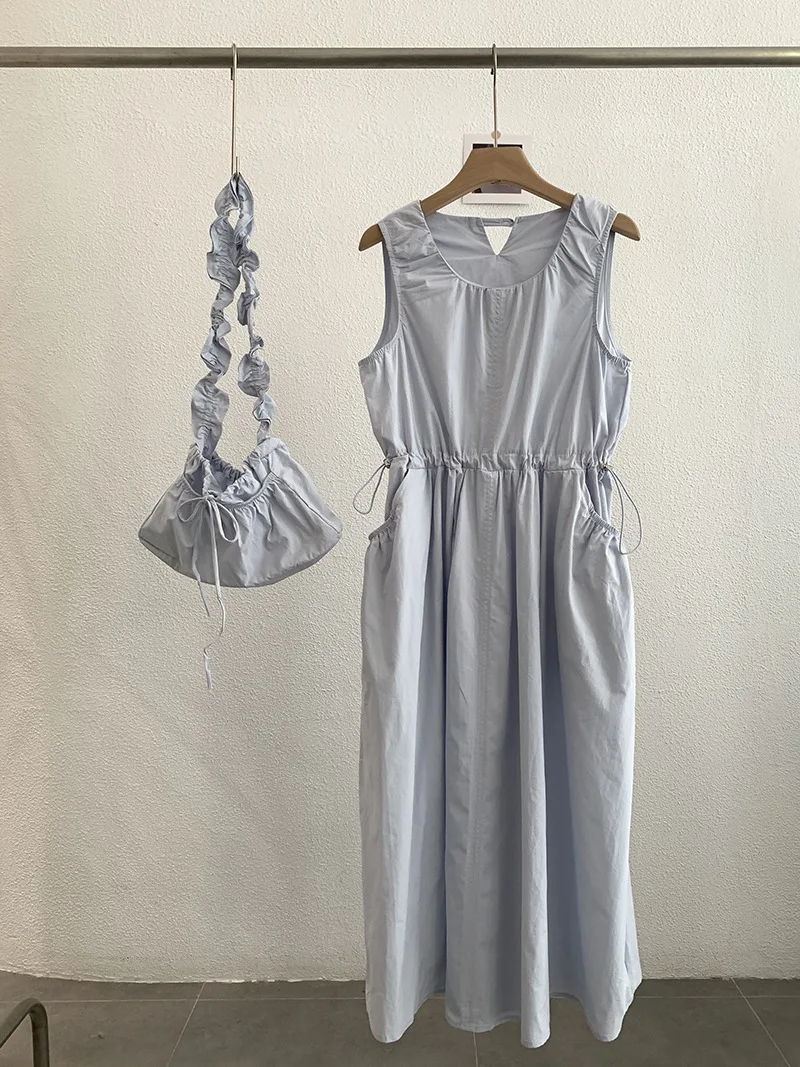 Korean Style Elegant Dress Women Summer New O-Neck Sleeveless Gift Bag Long Dresses Fashion Niche With Pocket Sundress