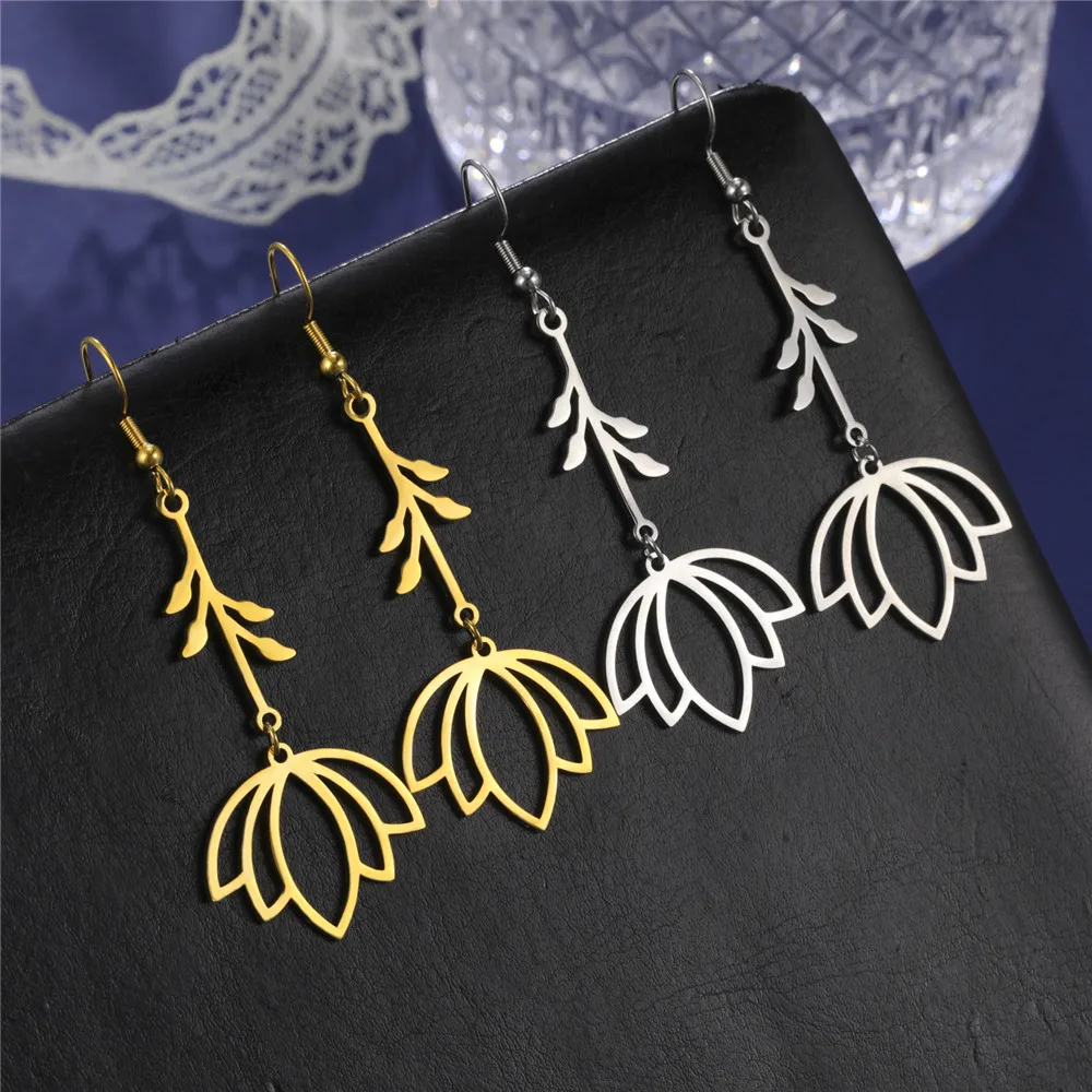 Skyrim Aesthetic Lotus Flower Dangle Earrings Stainless Steel Gold Color Bohemian Drop Earring Jewelry Gift for Women Girls