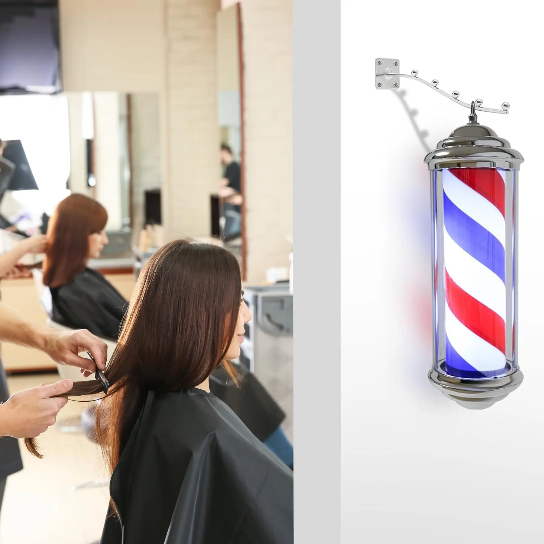 15in Rotating Barber Pole Light - Red & Blue Stripes, Wall-Mounted Indoor/Outdoor Salon Sign for Hair Shops (38.1cm)