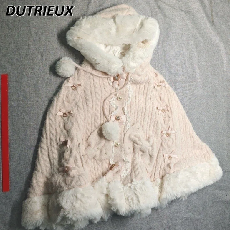 Autumn and Winter New Sweet Girls Versatile Single-breasted Hooded Cape Jacket Japanese Furry Mine Bow Knitted Cardigan