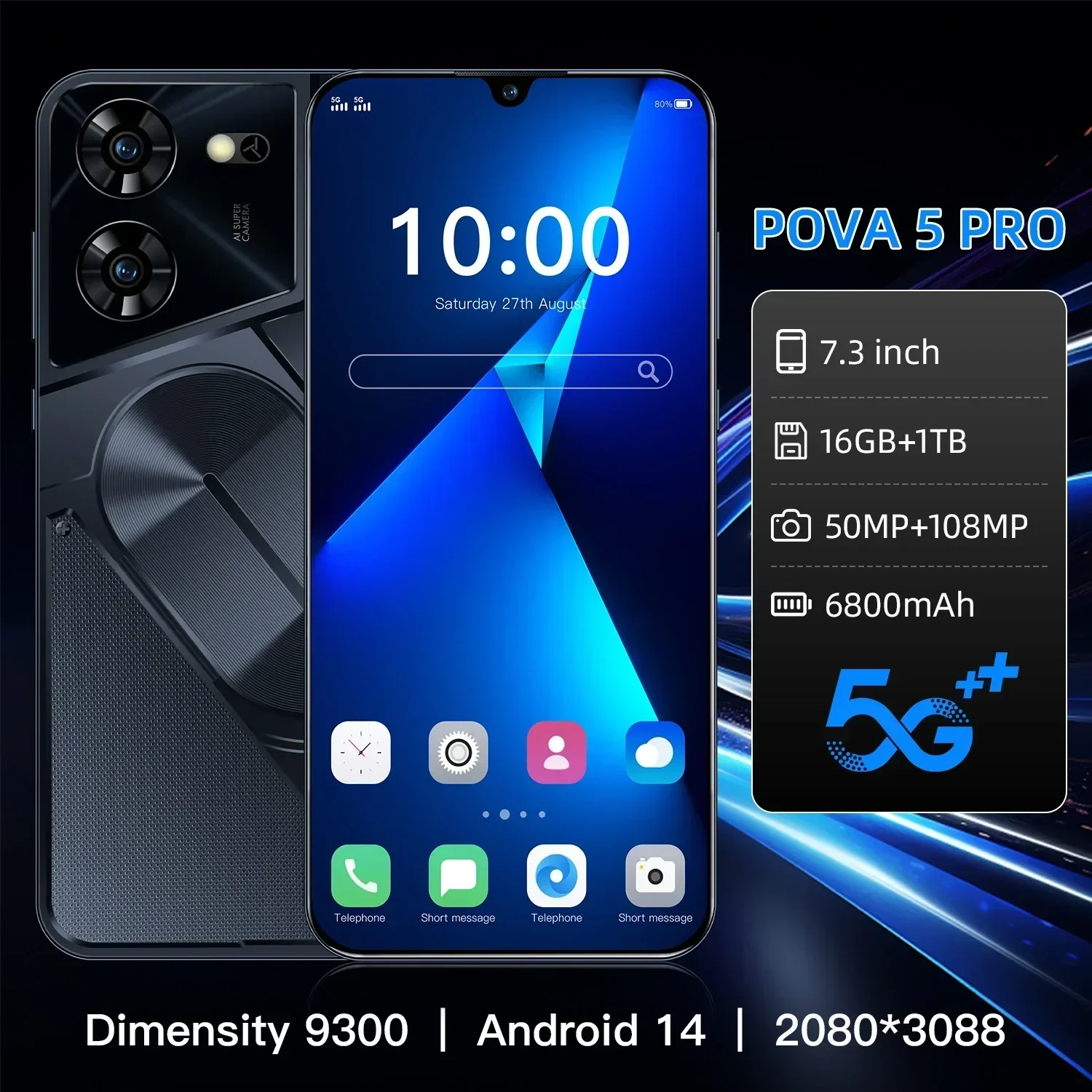 Pova5 Pro+ Hot-Selling Mobile Phone 6.6-Inch Large Screen 2+16G Memory All-In-One Machine Smartphone S23 S22 Ultra Compatible