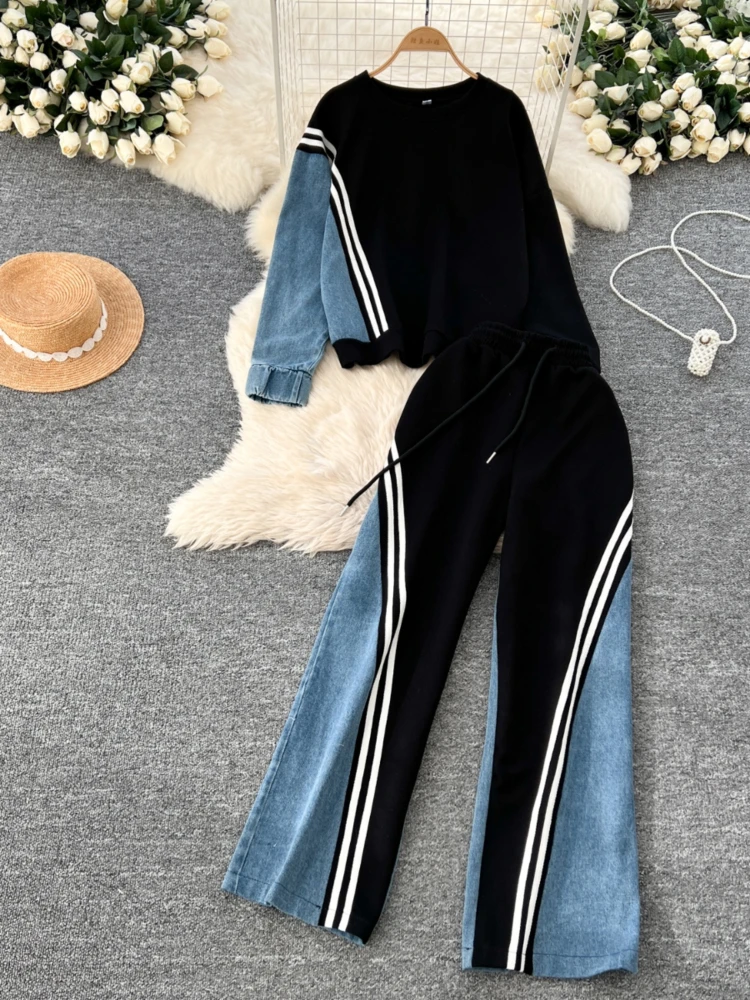 Casual sports suit women\'s autumn loose round neck sweatshirt, high waisted denim patchwork pants