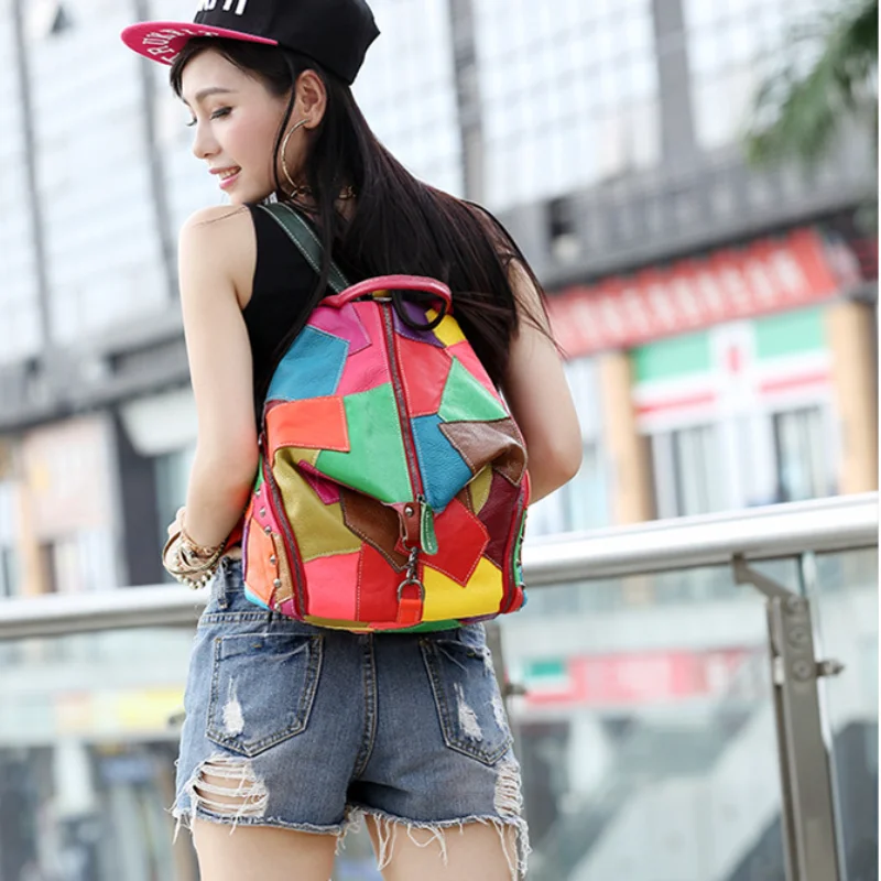 2024 New School Backpacks Women\'s Panelled Backpack Soft Skin Backpacks Korean Style Retro High Capacity Leisure Travel Bags