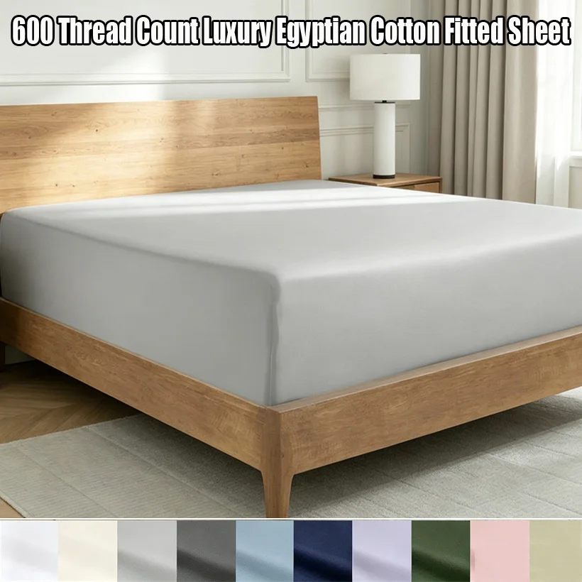 100% Egyptian Cotton Fitted Sheet with Elastic Bands 600 Thread Count Cotton Non-Slip Adjustable Mattress Cover for All Size Bed