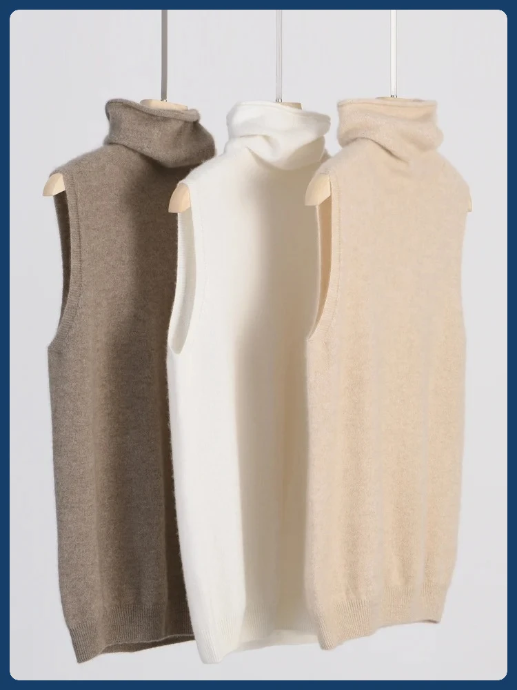 

Женский вязаный жилет без рукавов из 100% мериносовой шерсти с высоким воротником — теплый модный топ для 3-сезонной одежды