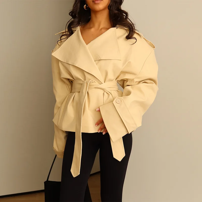 2025 شتاء جديد أزرق كحلي بني داكن بني فاتح بيج متعدد الألوان التلبيب بلون حزام سليم قصير خندق معطف المرأة ملابس خارجية